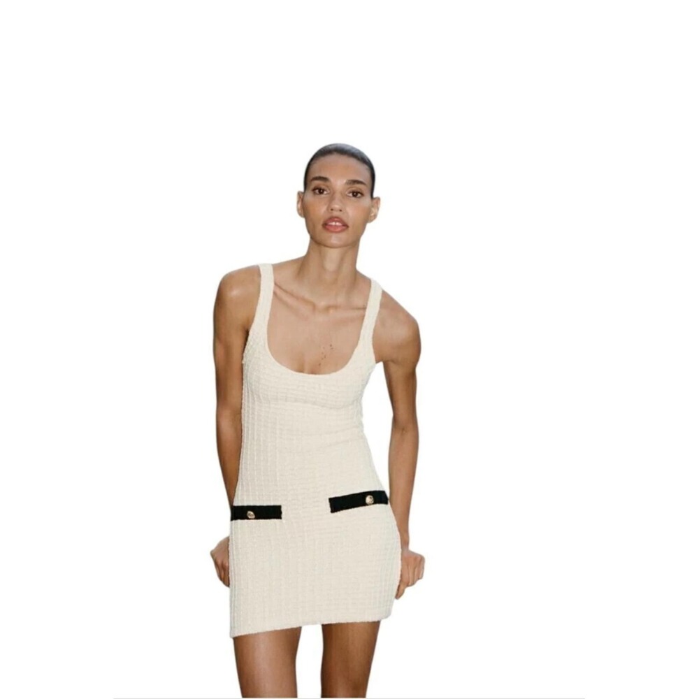 ZARA New With Tags Textured Knit Mini Dress Cream Black Trim Gold Buttons Size L